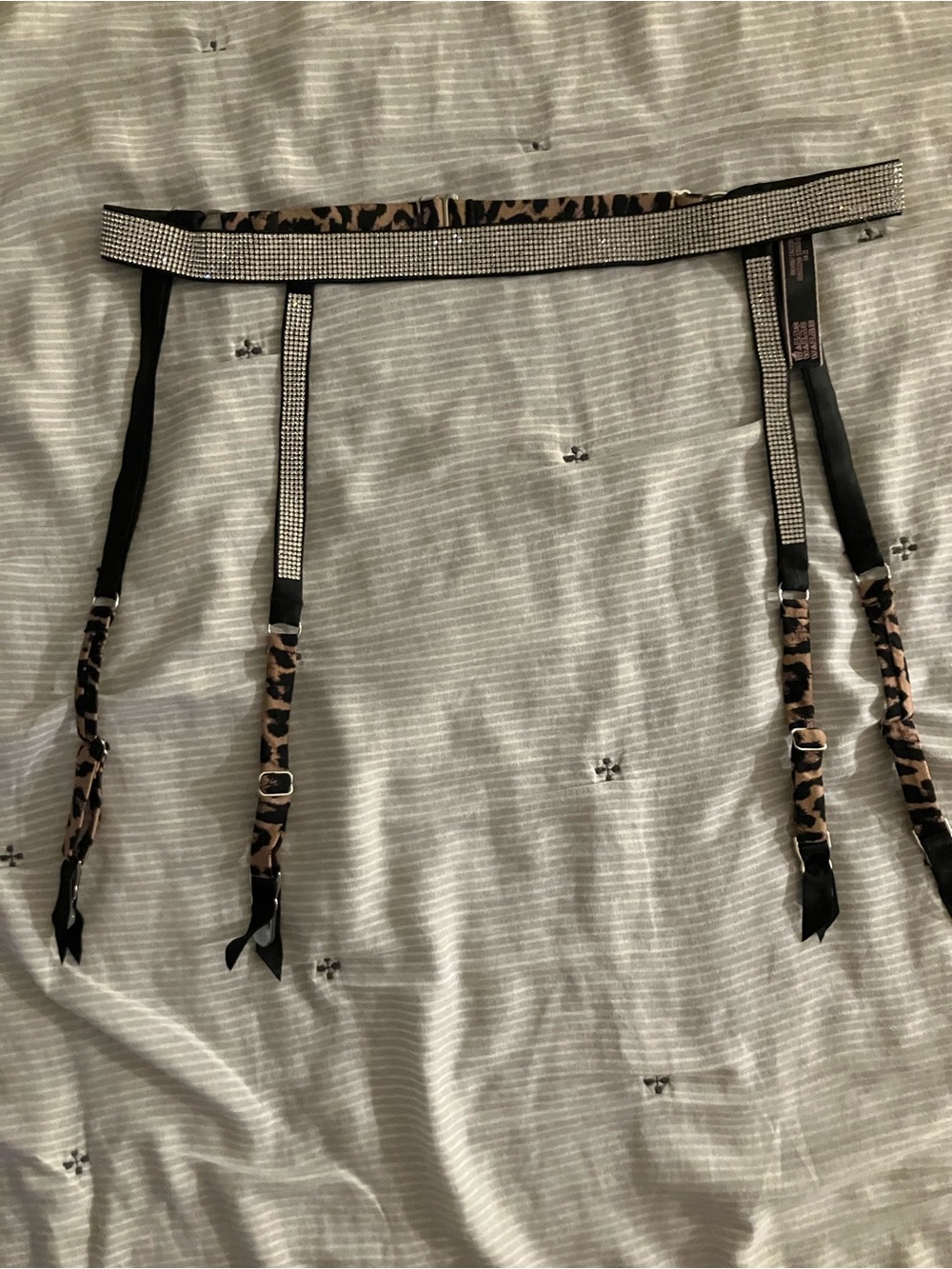 Victoria's Secret Black Leopard Print Rhinestone Embellished Garter XS